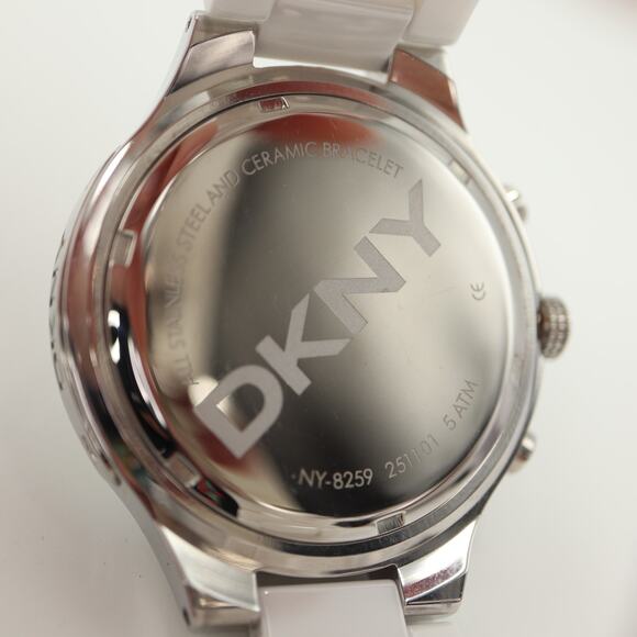 DKNY Broadway White Ceramic Chronograph Watch 43mm Silver Date w New Battery - Picture 14 of 14